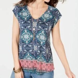 Style Co Sleeveless Floral Top Blue Pink Womens Size S V Neck Boho Blouse